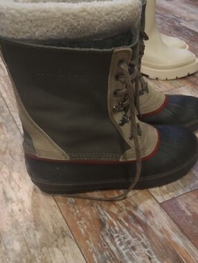 L.L. Bean Olive and Tan Shearling-Lined Duck Boots with Black Rubber Sole